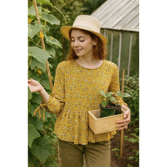 Anthropologie Braeve Yellow Peplum Blouse XS Cottagecore Gardencore Feminine - Picture 1 of 10